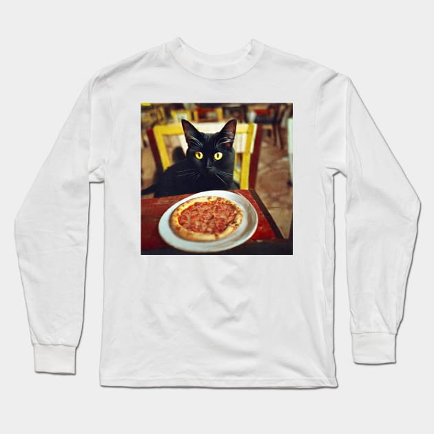 Black Cat Eating Pizza Long Sleeve T-Shirt by Brian Free Artwork